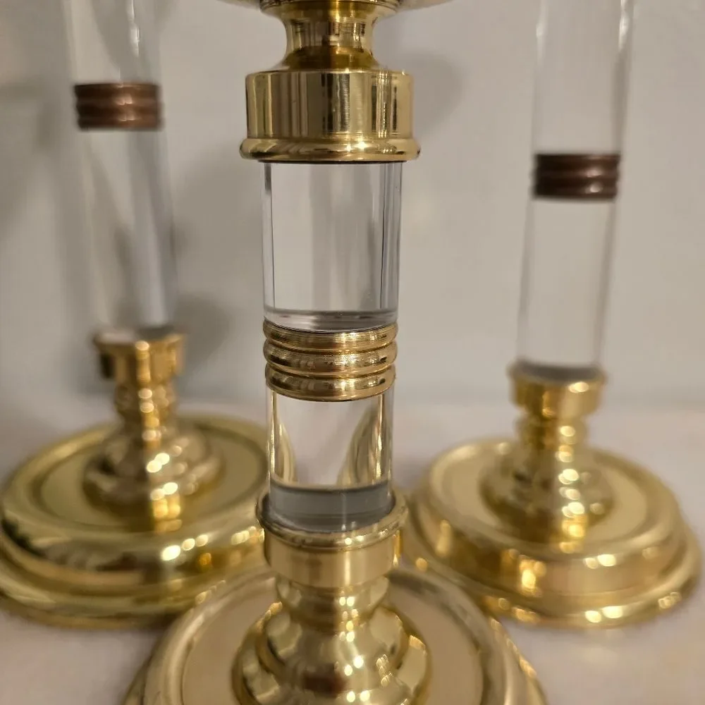 Ethan Allen Vintage MCM Brass & Lucite Candlestick Holders Set of 3